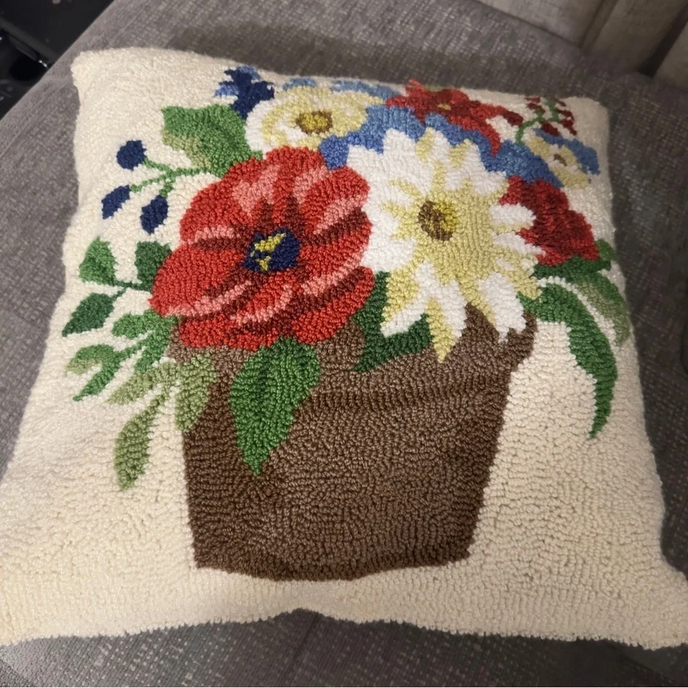 Colorful Floral Pot Hooked Pillow